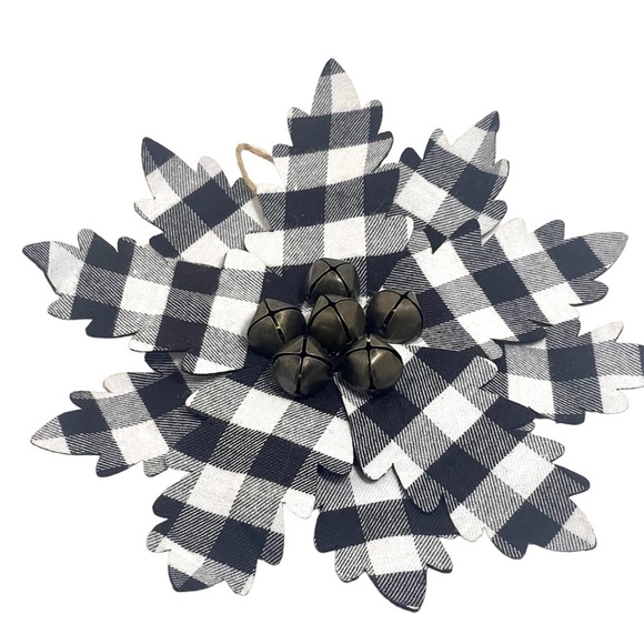 Ganz Large Black and White Buffalo Plaid Poinsettia Ornament with Bell Center - Picture 2 of 3